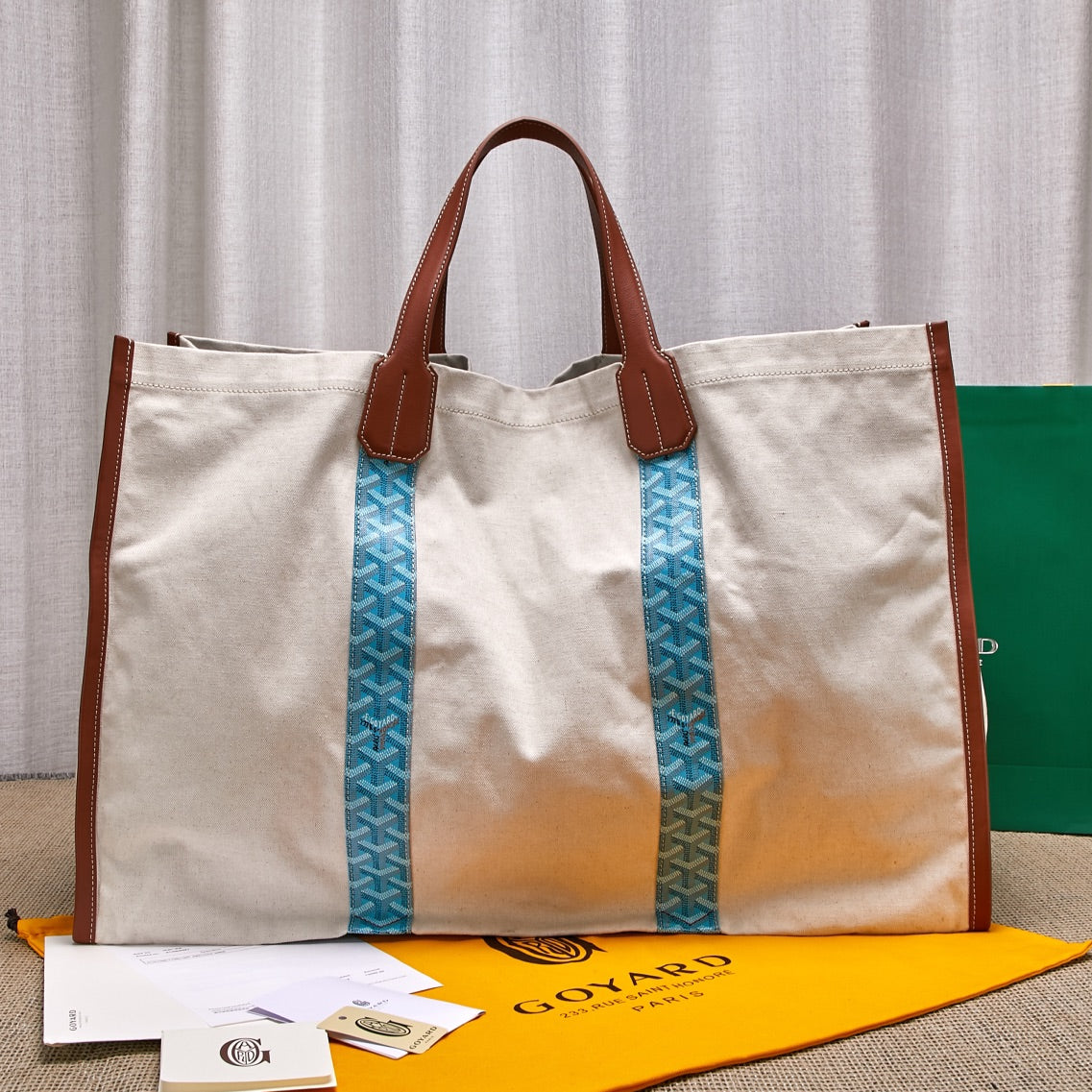Gogy Large Canvas Shoulder Tote Bag with Leather Trim and Blue Accent Stripes