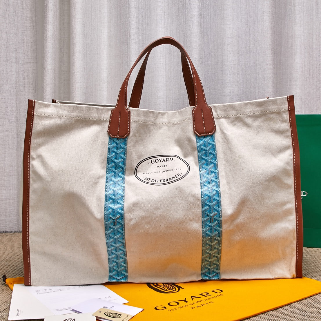 Gogy Large Canvas Shoulder Tote Bag with Leather Trim and Blue Accent Stripes