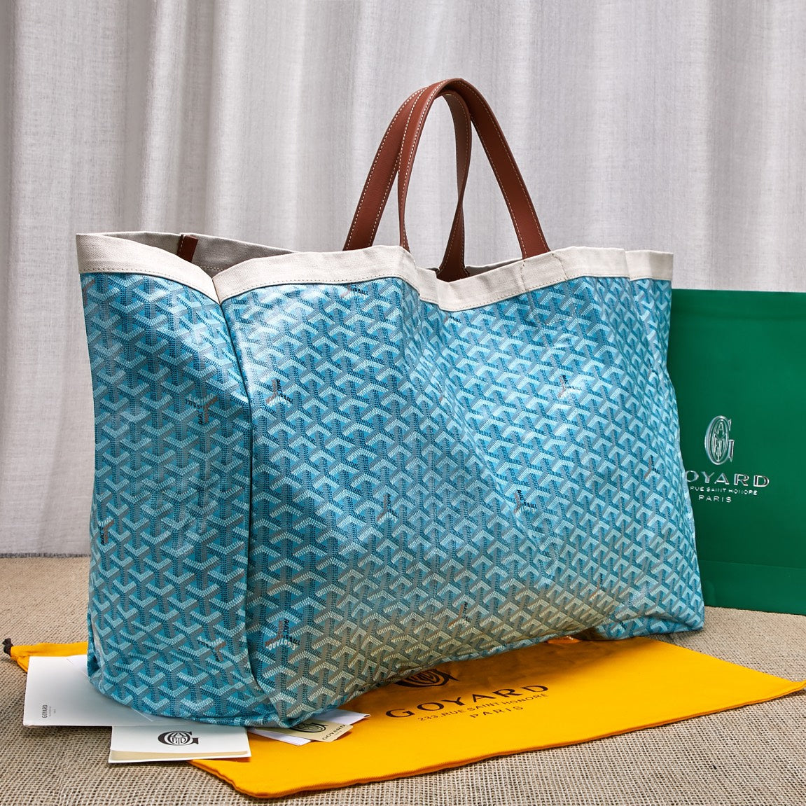 Gogy Large Canvas Shoulder Tote Bag with Leather Trim and Blue Accent Stripes