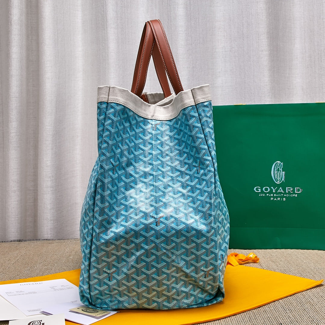 Gogy Large Canvas Shoulder Tote Bag with Leather Trim and Blue Accent Stripes