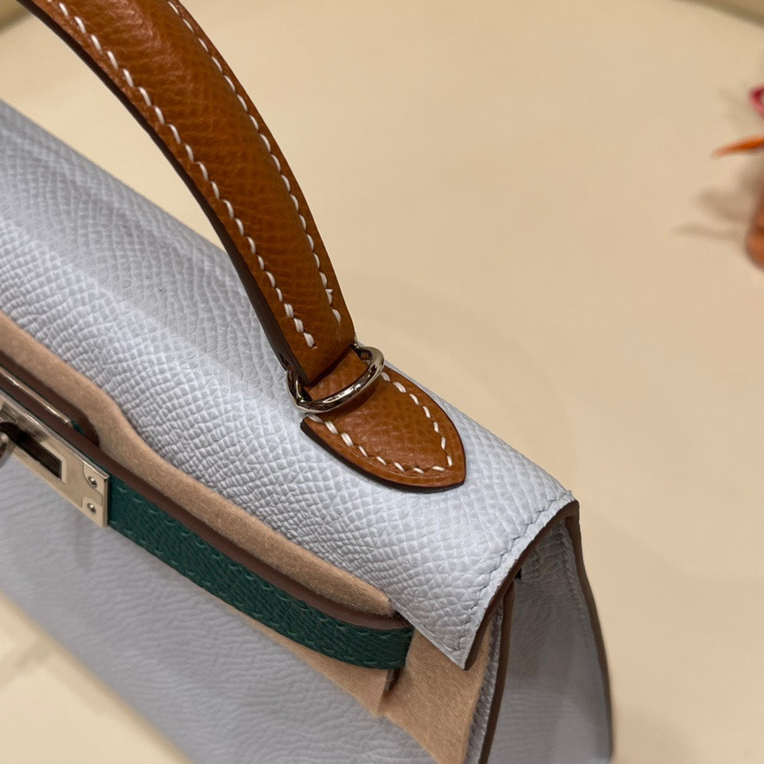 Elegant Color-Block Leather Top Handle Handbag - Pale Blue and Tan