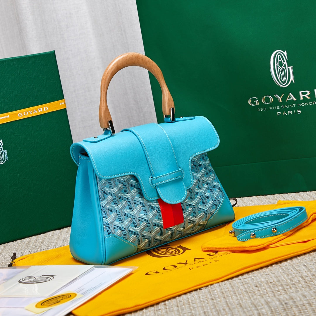 Gogy Blue Chevron Pattern Top Handle Crossbody Bag with Wood Handle