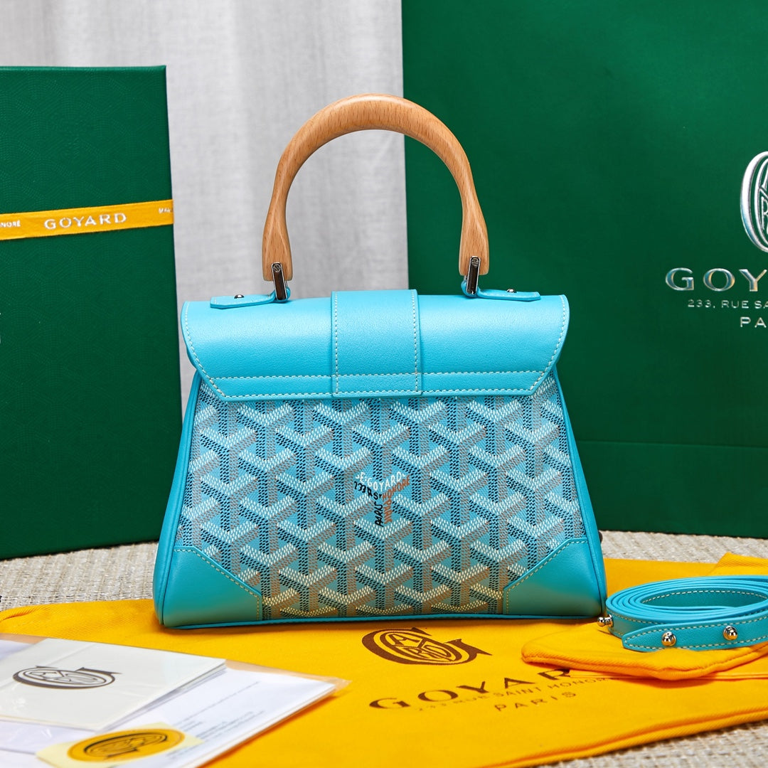 Gogy Blue Chevron Pattern Top Handle Crossbody Bag with Wood Handle