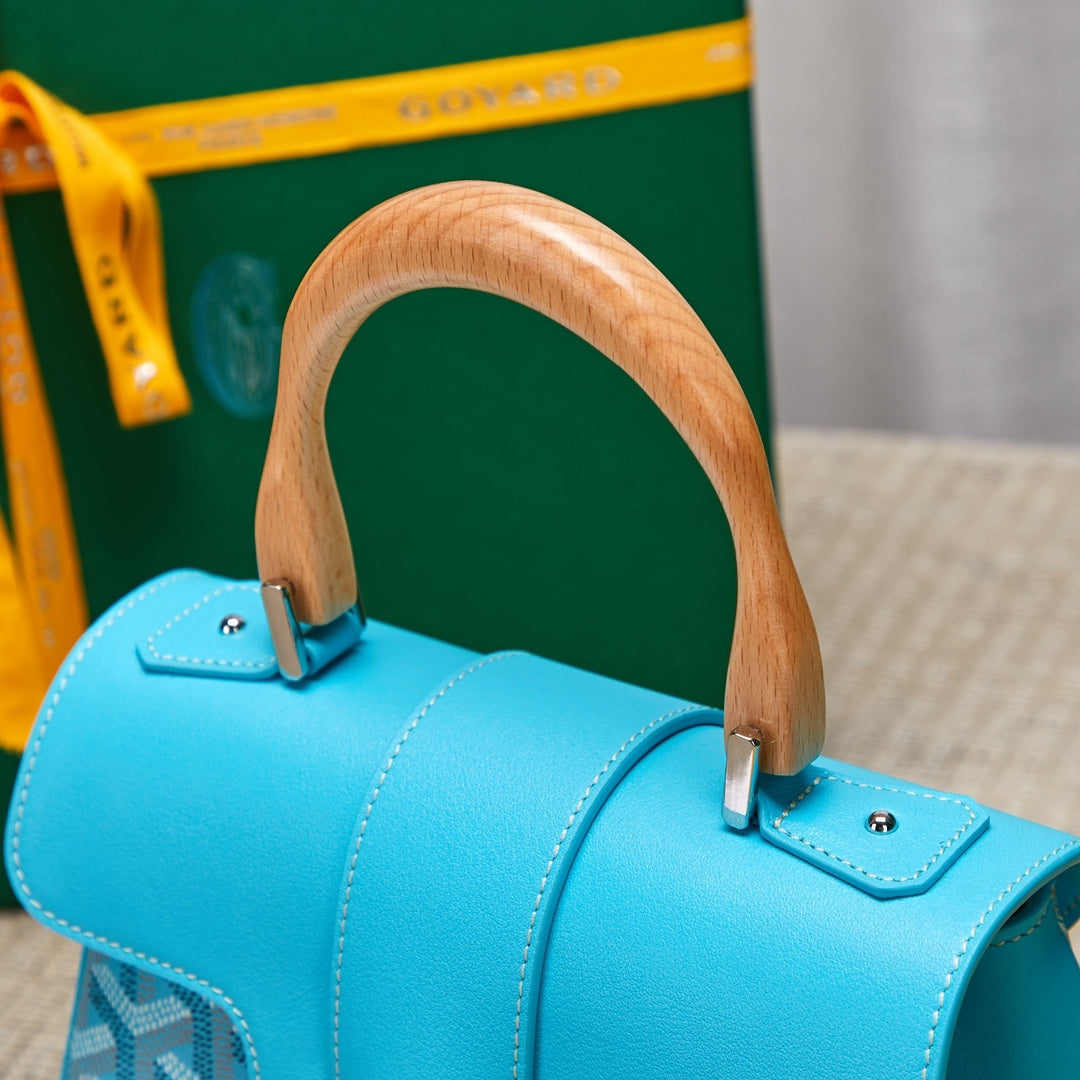 Gogy Blue Chevron Pattern Top Handle Crossbody Bag with Wood Handle