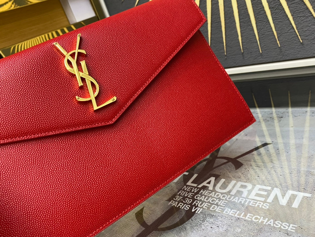 Saint Laurent Monogram Leather Envelope Clutch - Red