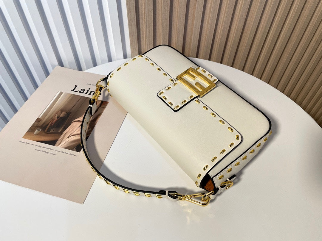 Luxury White Leather Shoulder Bag with Contrast Stitching and Gold Accents