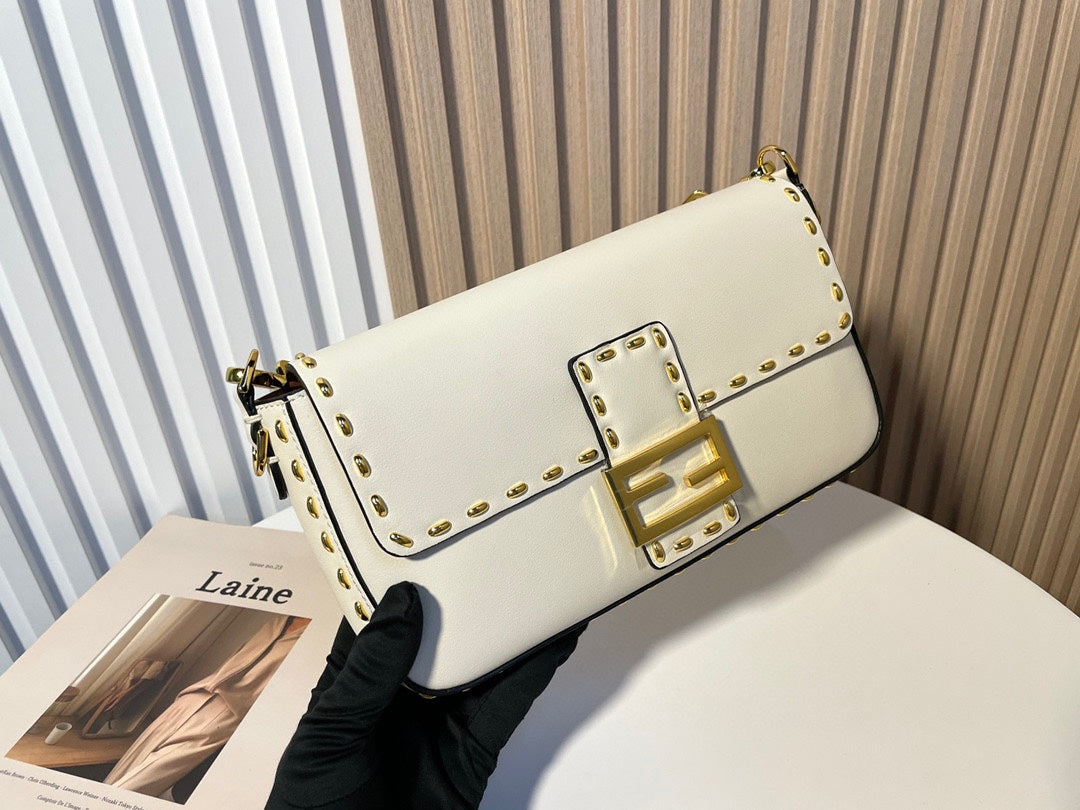 Luxury White Leather Shoulder Bag with Contrast Stitching and Gold Accents