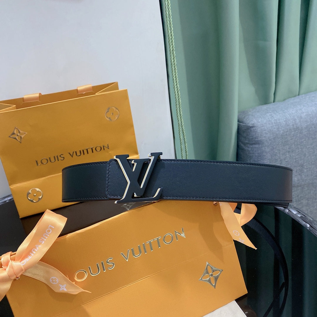 Louis Vuitton LV Initiales Black Leather Belt with Silver-Tone Buckle, Includes Dust Bag and Shopping Bag