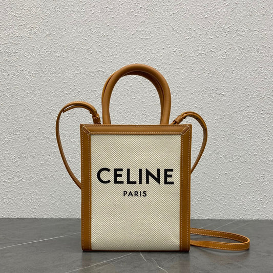 Celine Mini Vertical Cabas in Textile with Celine Print and Calfskin - Tan/White