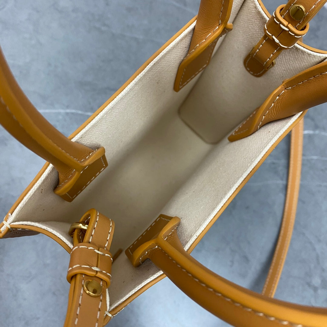 Celine Mini Vertical Cabas in Textile with Celine Print and Calfskin - Tan/White