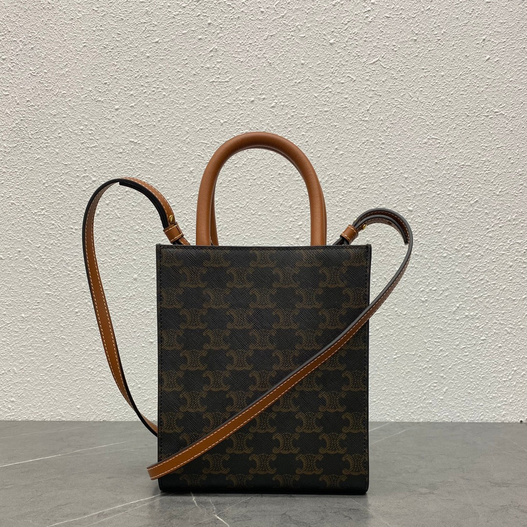 CELINE Mini Vertical Cabas in Triomphe Canvas and Calfskin - Tan