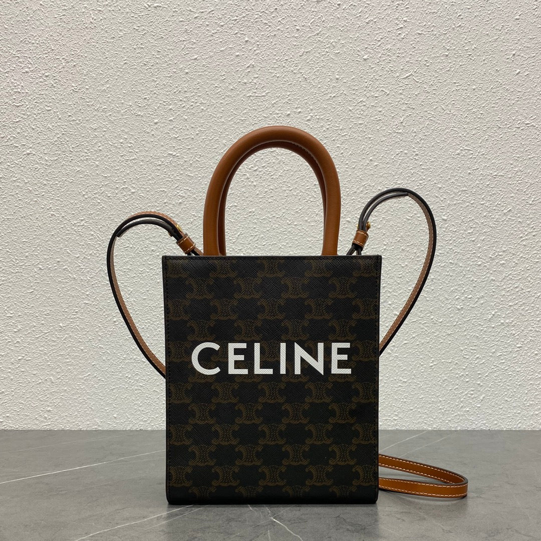 CELINE Mini Vertical Cabas in Triomphe Canvas and Calfskin - Tan