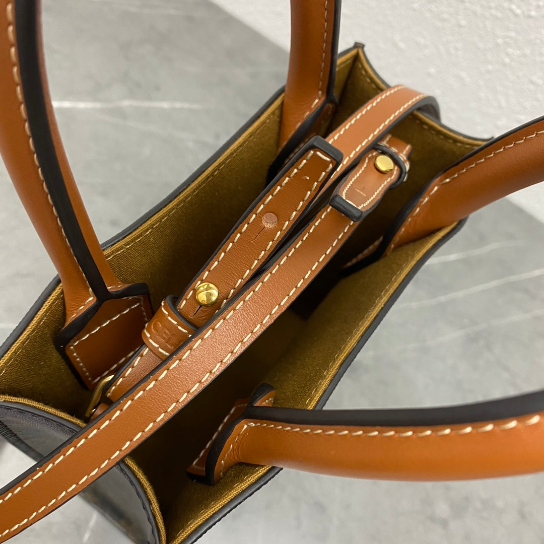 CELINE Mini Vertical Cabas in Triomphe Canvas and Calfskin - Tan