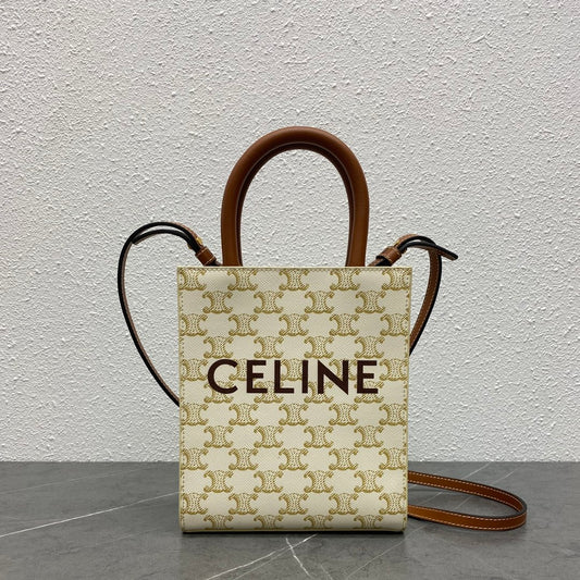 Celine Mini Vertical Cabas in Triomphe Canvas White/Tan