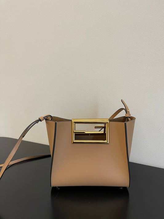 Elegant Beige Leather Handbag with Gold-Tone Cutout Handle - Small Crossbody Bucket Bag