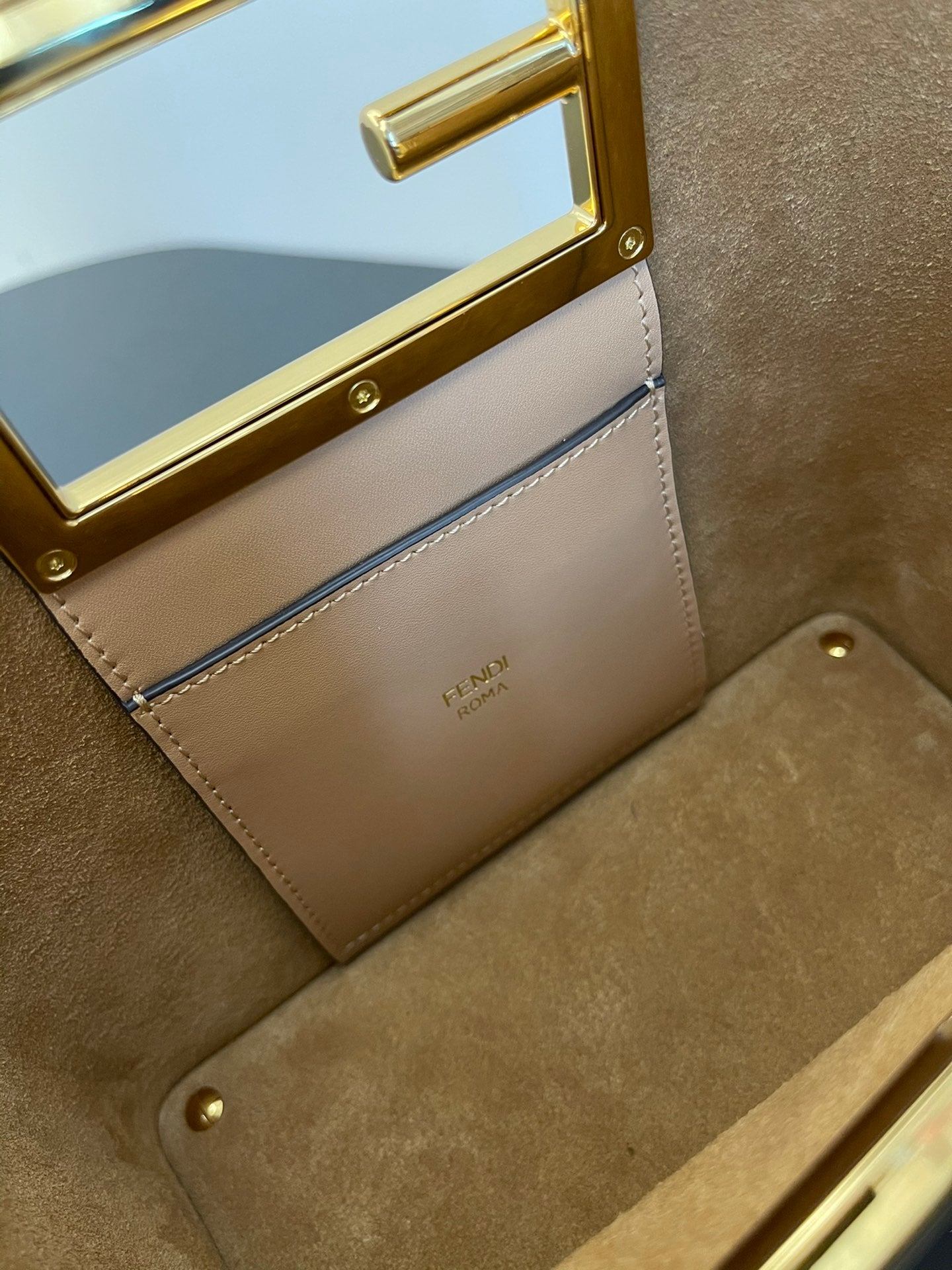 Elegant Beige Leather Handbag with Gold-Tone Cutout Handle - Small Crossbody Bucket Bag