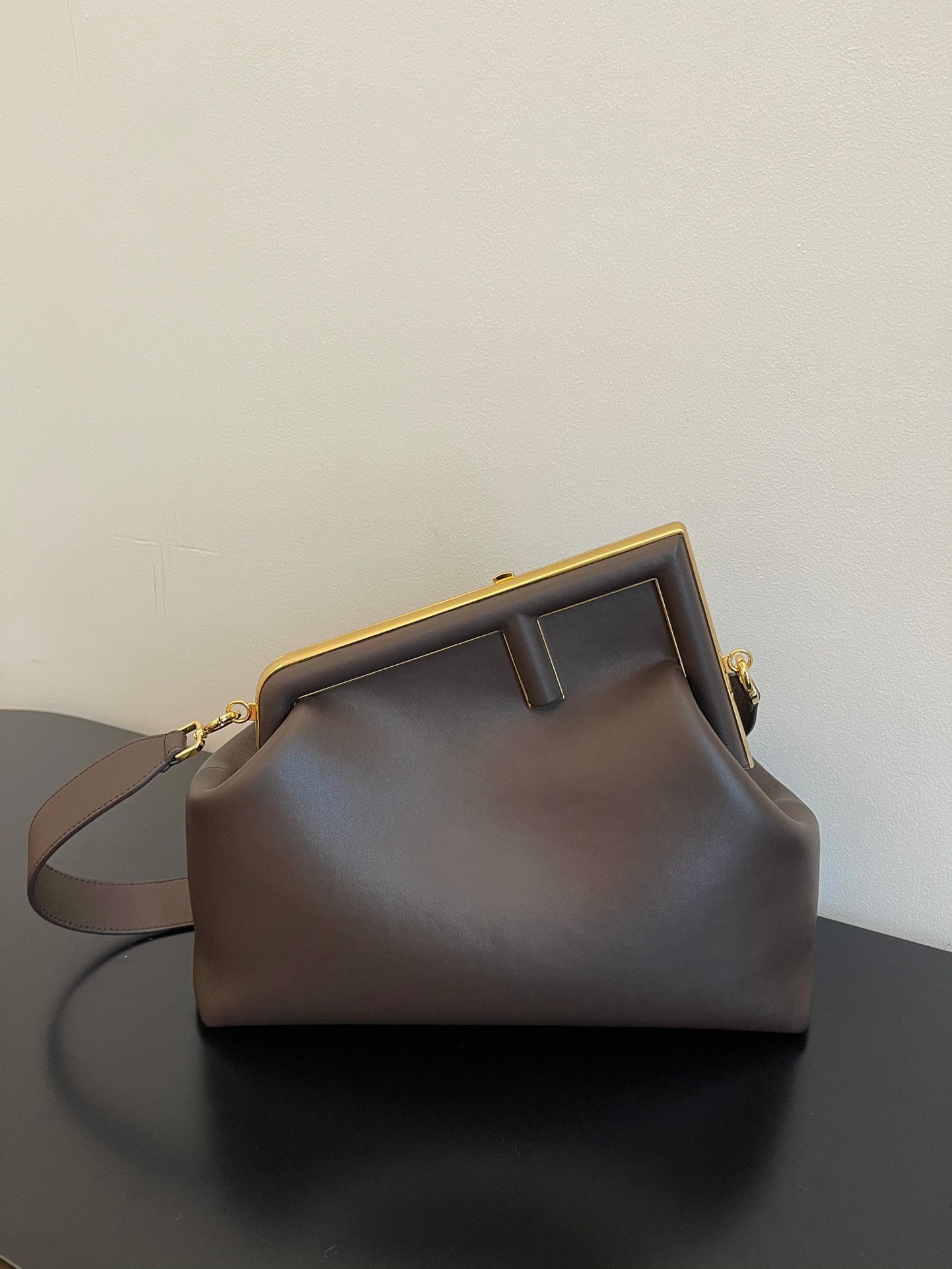 Fendi First Small Brown Leather Clutch with Gold-Tone F Clasp