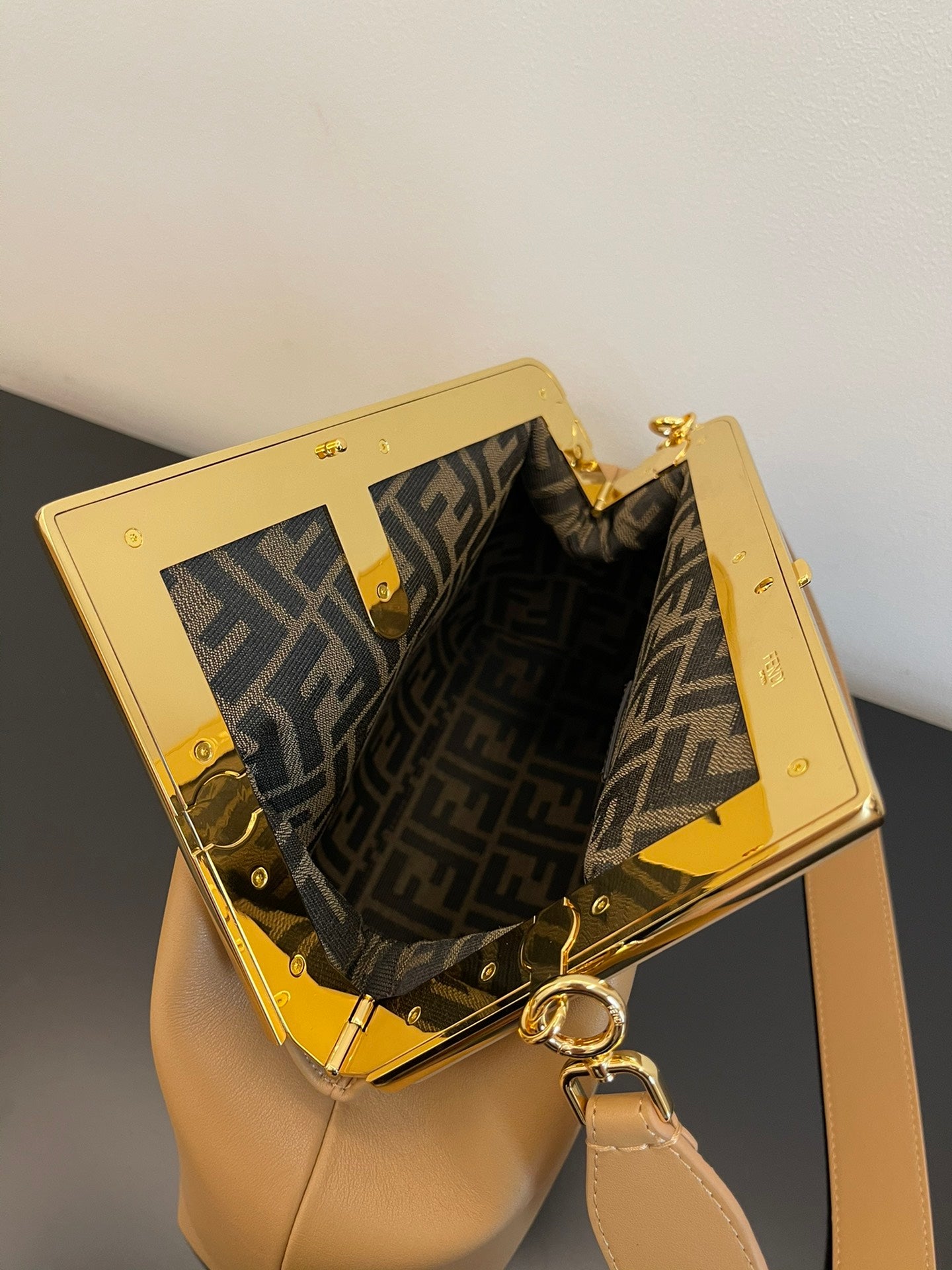 Small Leather Asymmetric Clutch Bag with Detachable Shoulder Strap - Beige