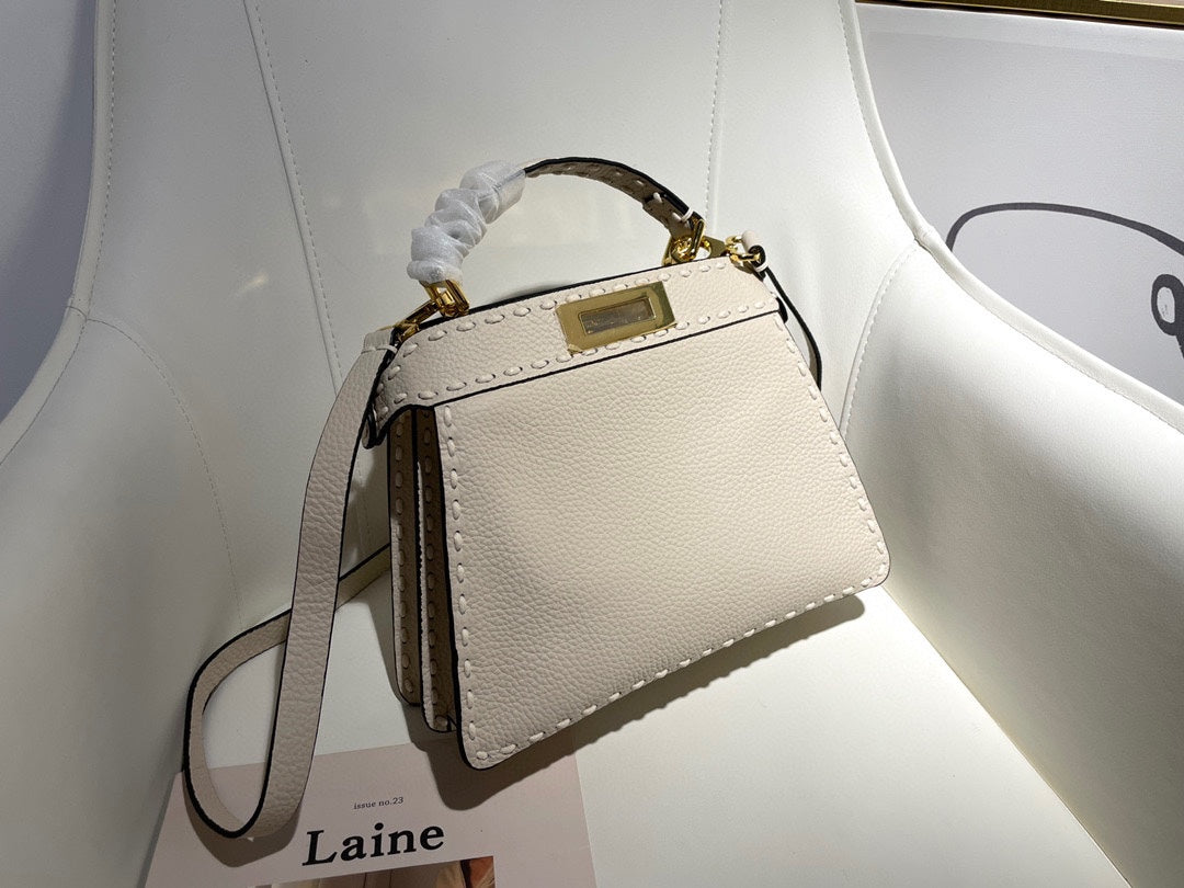 Luxury Cream White Leather Small Top Handle Handbag with Gold Hardware