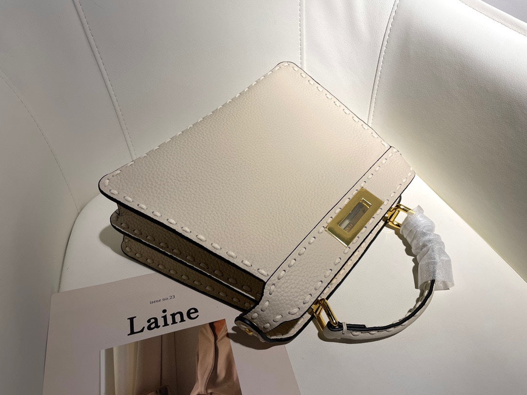 Elegant White Leather Top Handle Crossbody Bag with Gold-Tone Hardware