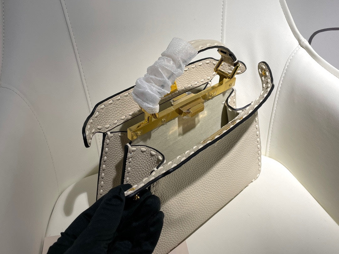 Luxury Cream White Leather Small Top Handle Handbag with Gold Hardware