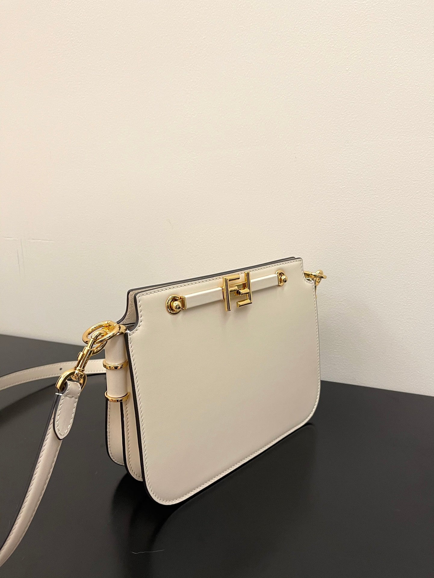 Fendi C'Mon Small White Leather Shoulder Bag with Gold FF Logo
