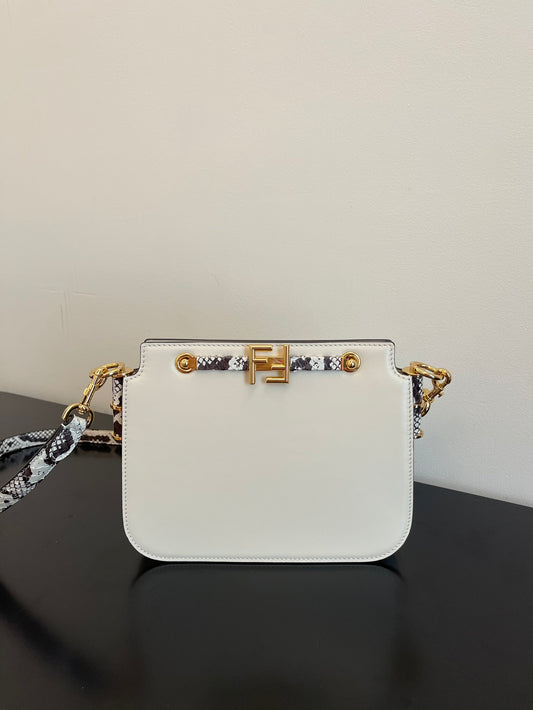 Fendi C'mon Mini White Leather Crossbody Bag with Gold FF Logo