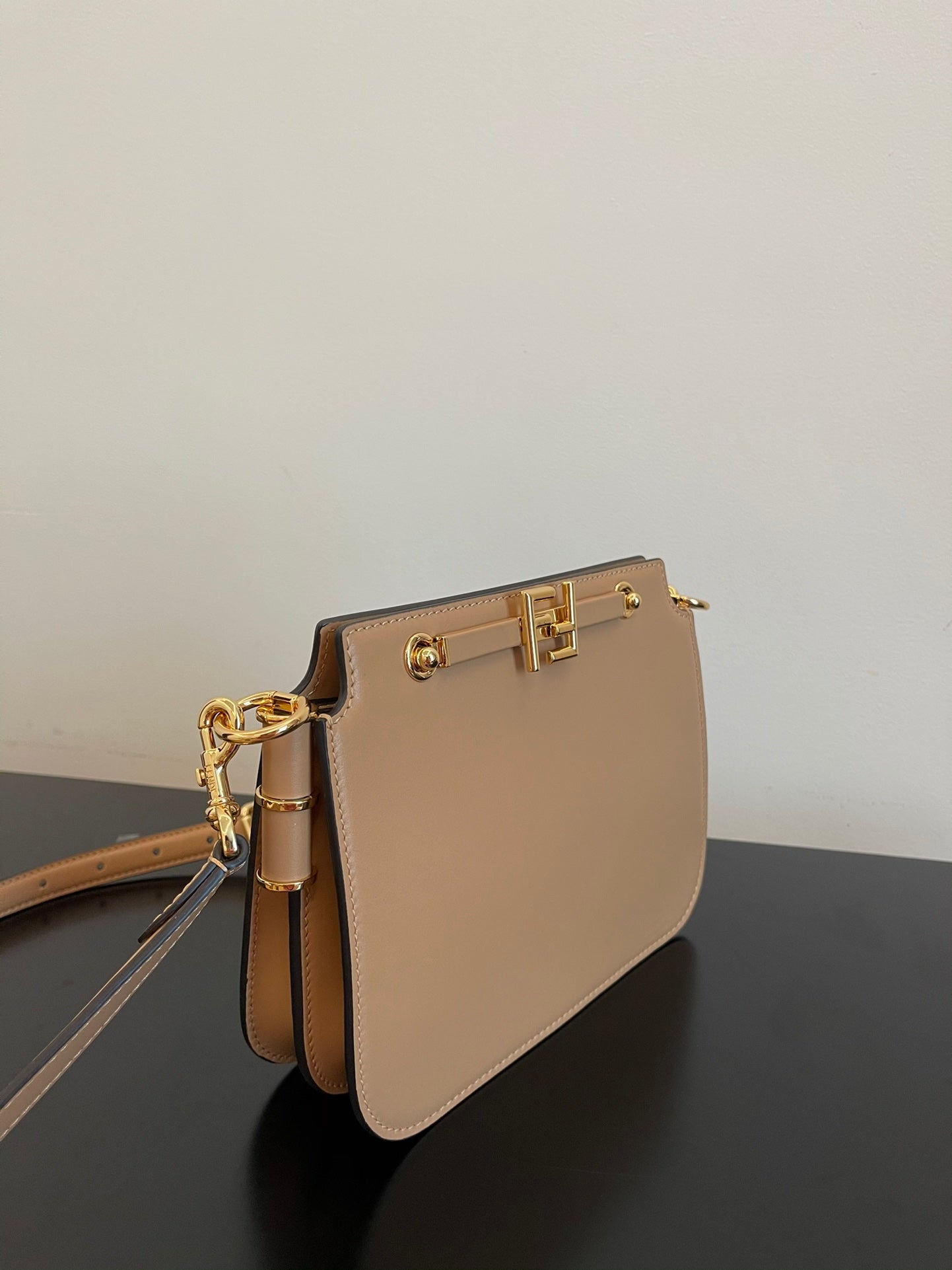 Fendi Touch Leather Shoulder Bag in Beige with Gold Hardware