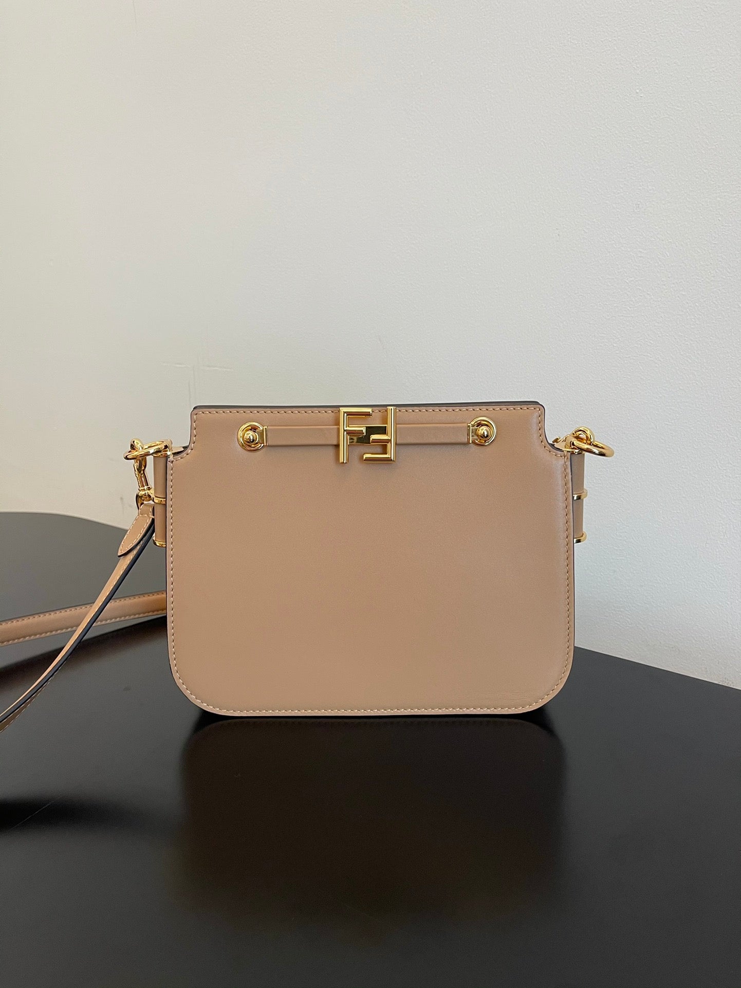 Fendi Beige Leather Small Crossbody Bag with Gold-Tone FF Logo