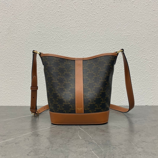 Celine Small Bucket Bag in Triomphe Canvas and Calfskin - Tan
