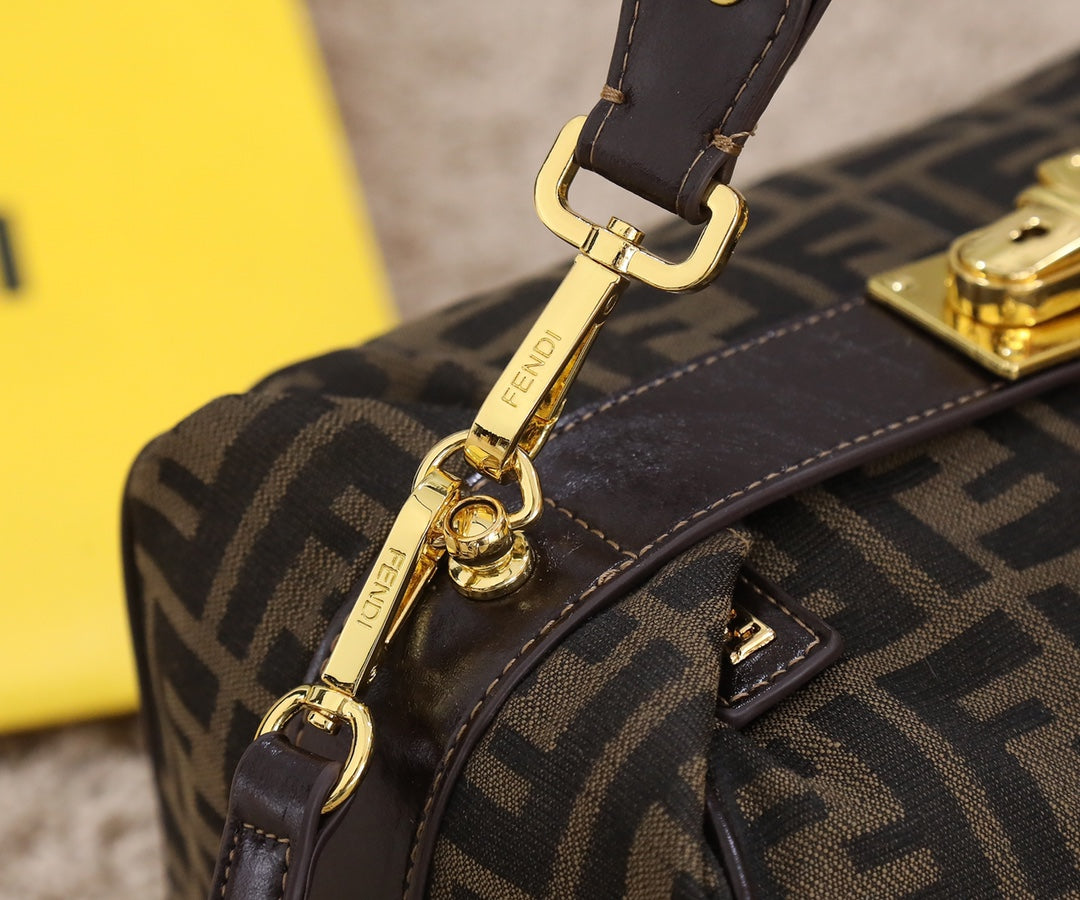 Fendi FF Monogram Canvas Small Boston Bag - Brown with Gold Hardware