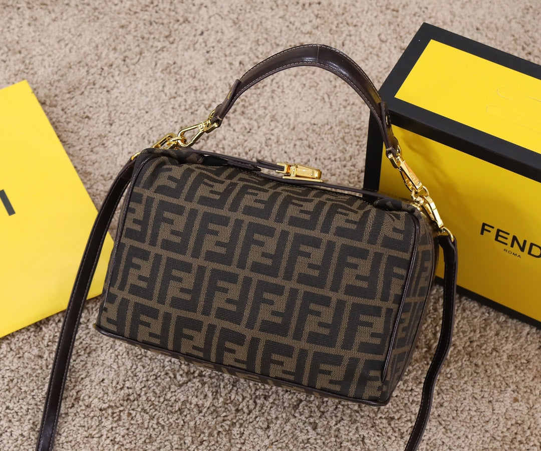 Fendi FF Monogram Canvas Small Boston Bag - Brown with Gold Hardware