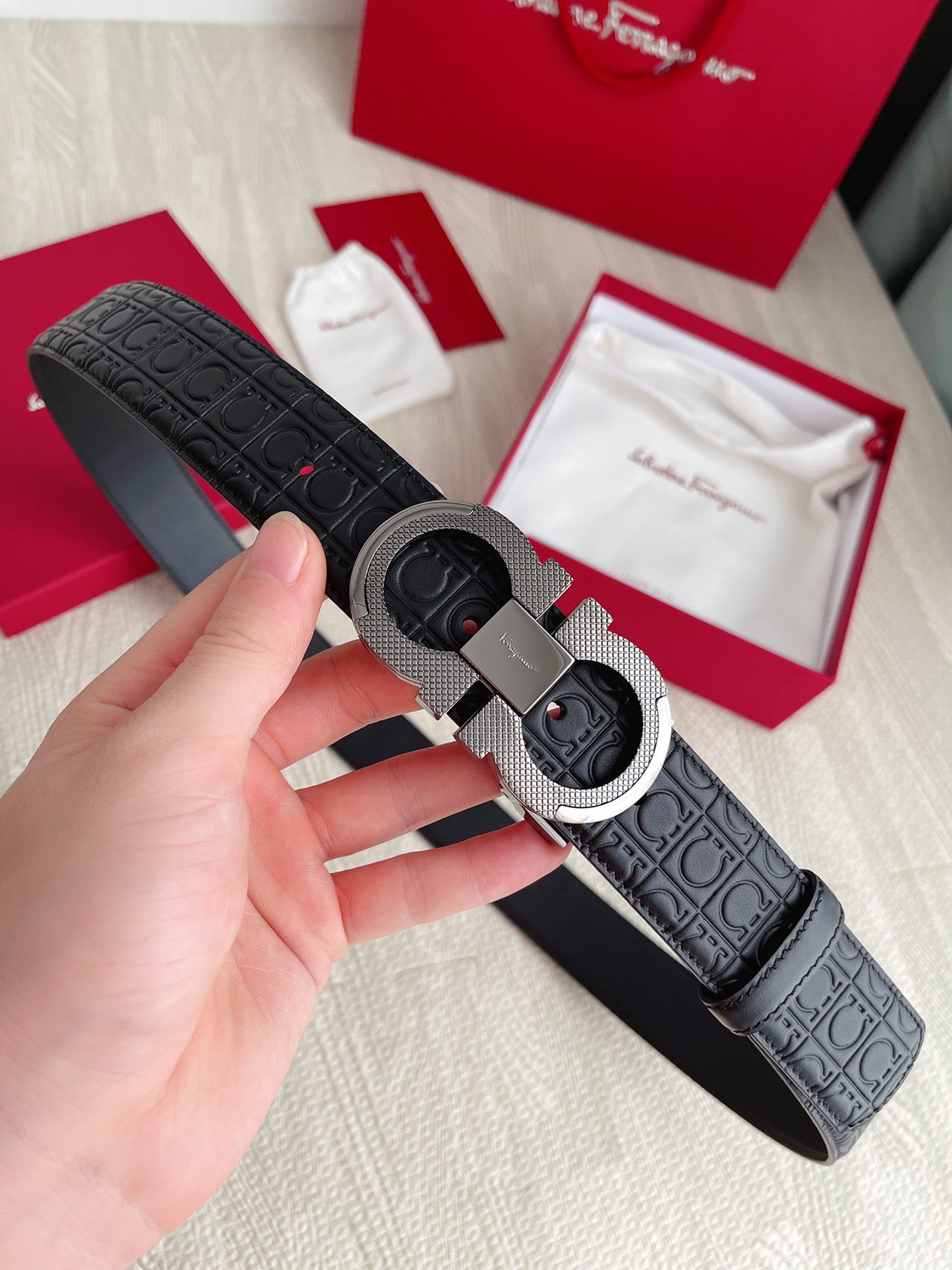 Salvatore Ferragamo Gancini Reversible Leather Belt in Black with Embossed Logo and Silver-Tone Buckle, Includes Gift Packaging