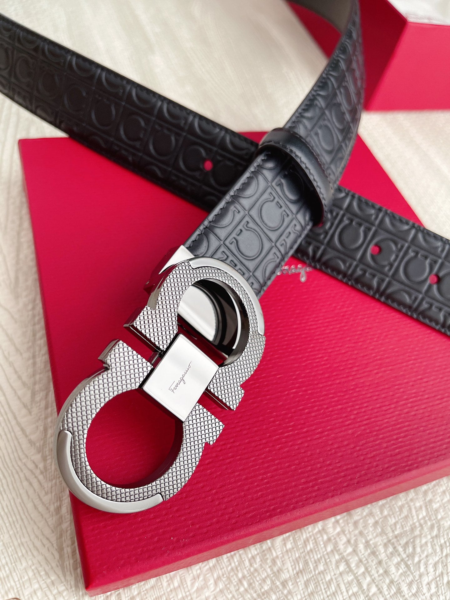 Salvatore Ferragamo Gancini Reversible Leather Belt in Black with Embossed Logo and Silver-Tone Buckle, Includes Gift Packaging