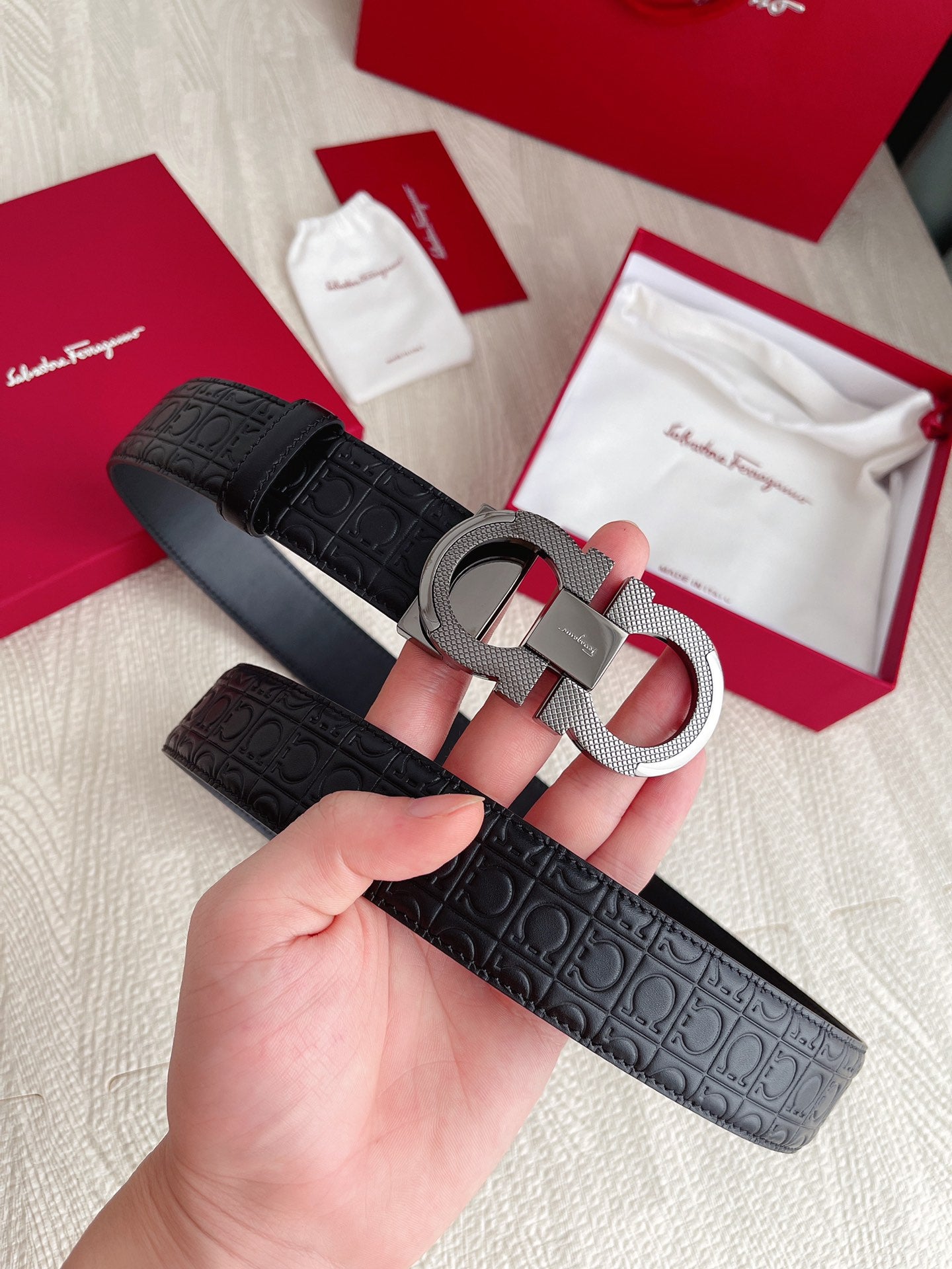 Salvatore Ferragamo Gancini Reversible Leather Belt in Black with Embossed Logo and Silver-Tone Buckle, Includes Gift Packaging
