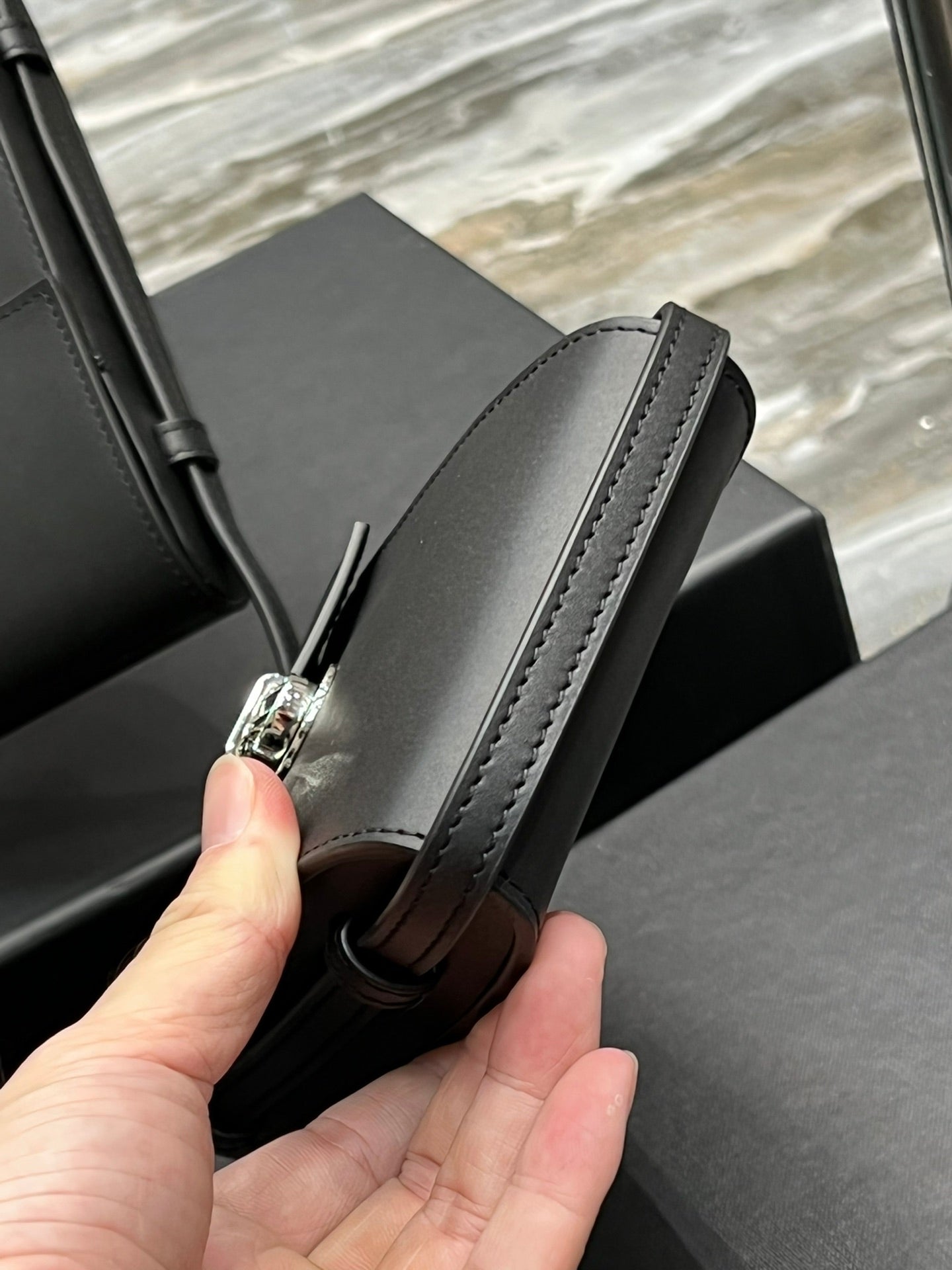Saint Laurent Black Leather Phone Pouch Crossbody Bag with Silver Clasp