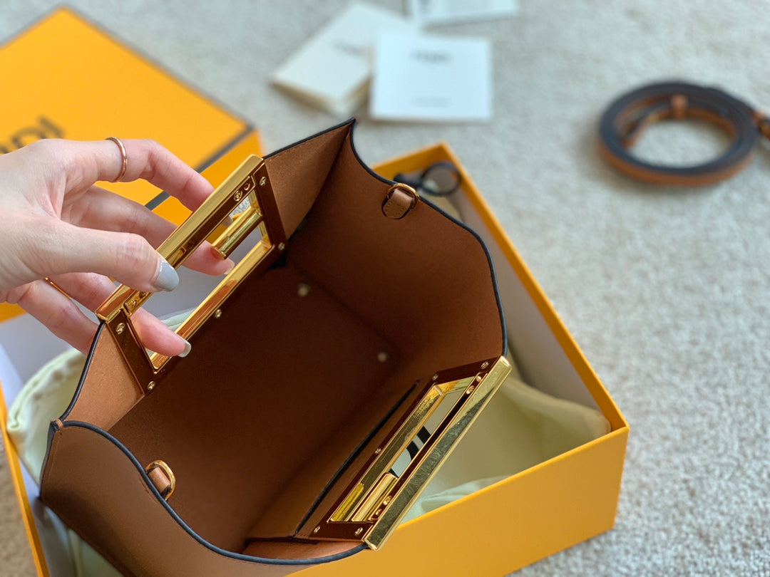 Fendi Way Small Tan Leather Handbag with Gold-Tone FF Logo