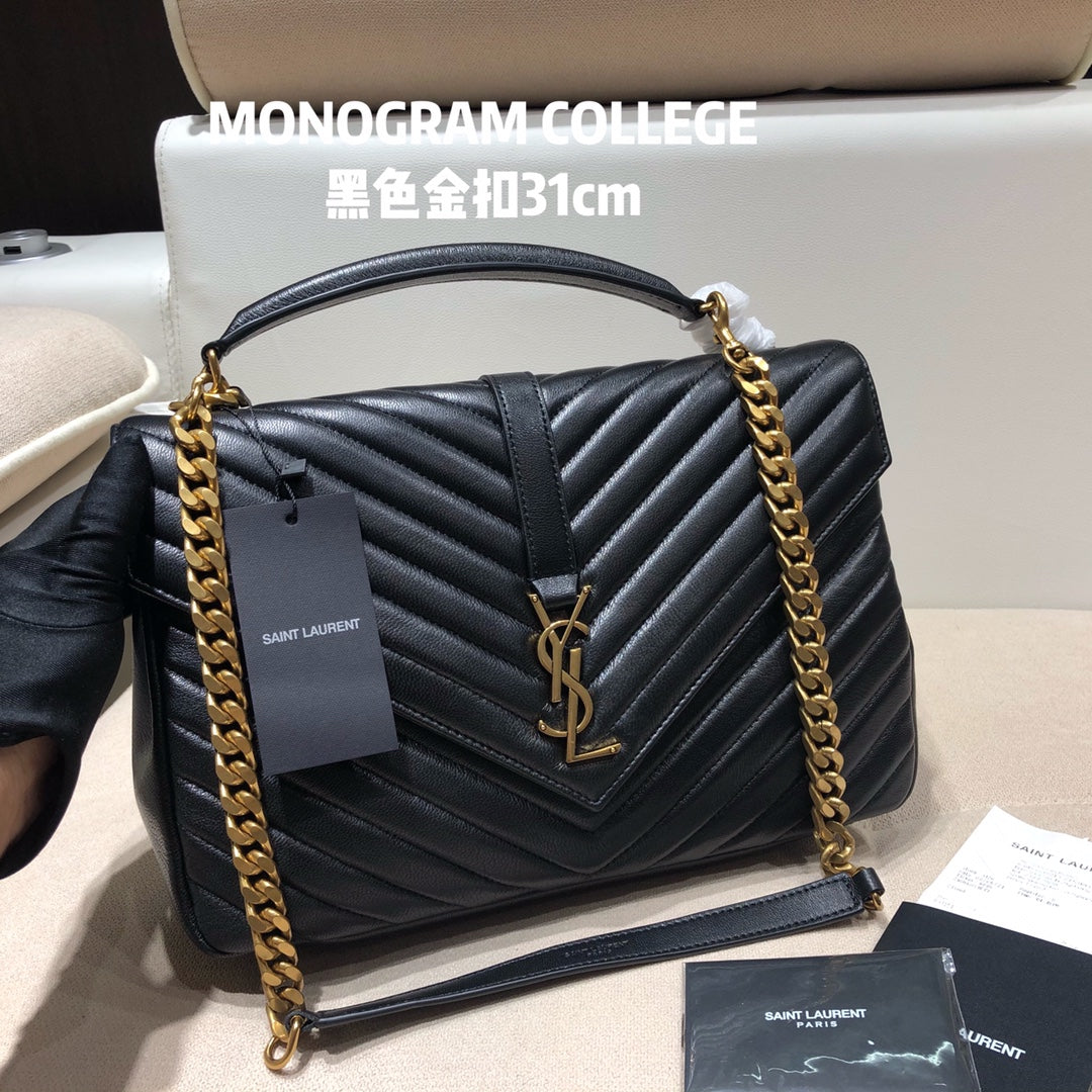 Saint Laurent Monogram College Large Shoulder Bag in Quilted Leather - Black/Gold 31cm