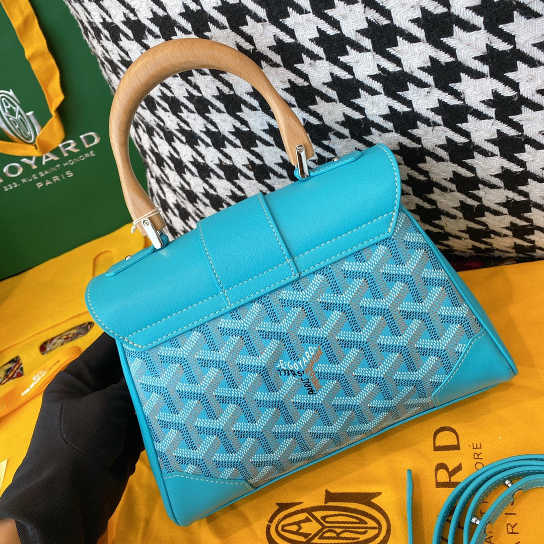 Gogy Luxury Blue Chevron Pattern Top Handle Handbag with Wooden Grip