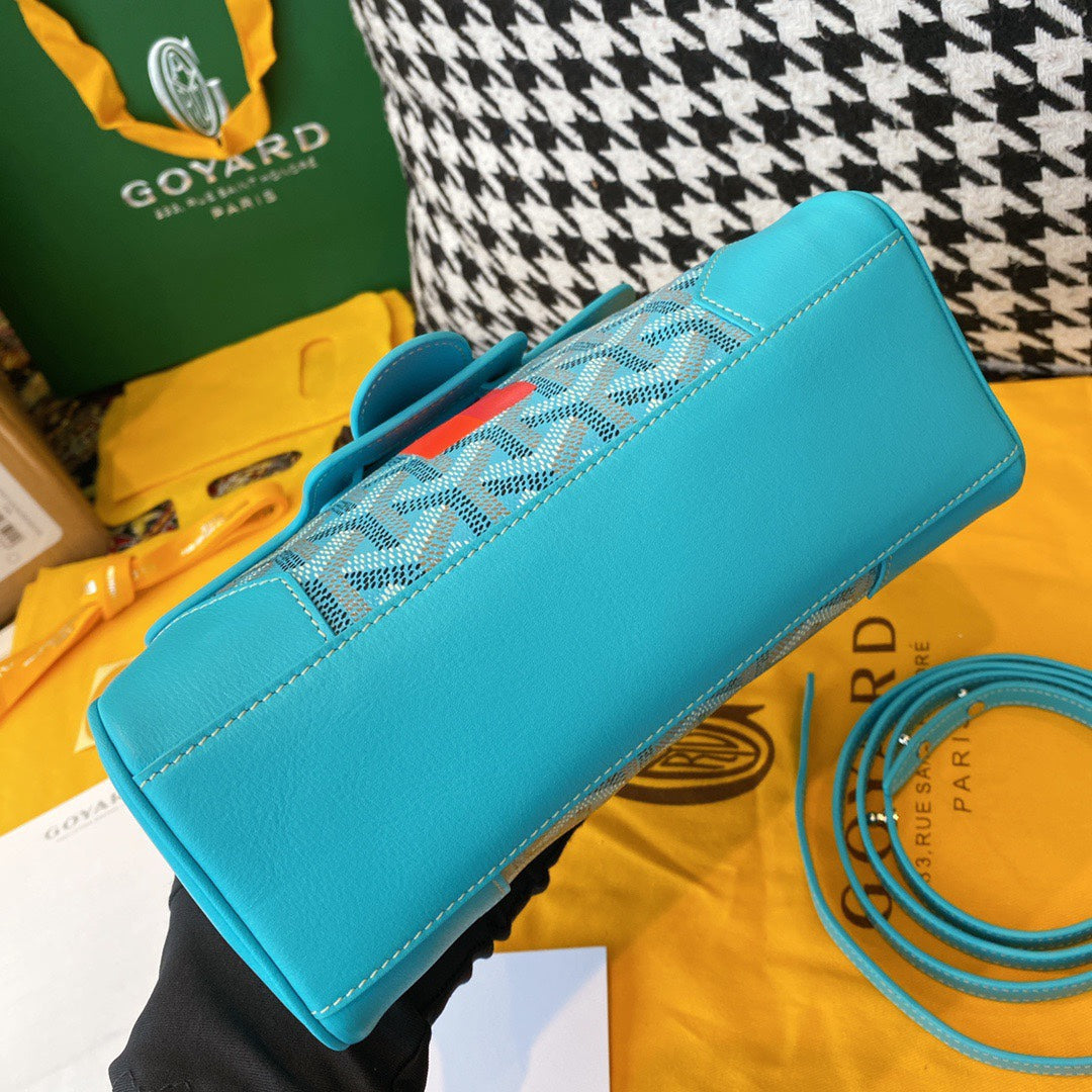 Gogy Luxury Blue Chevron Pattern Top Handle Handbag with Wooden Grip