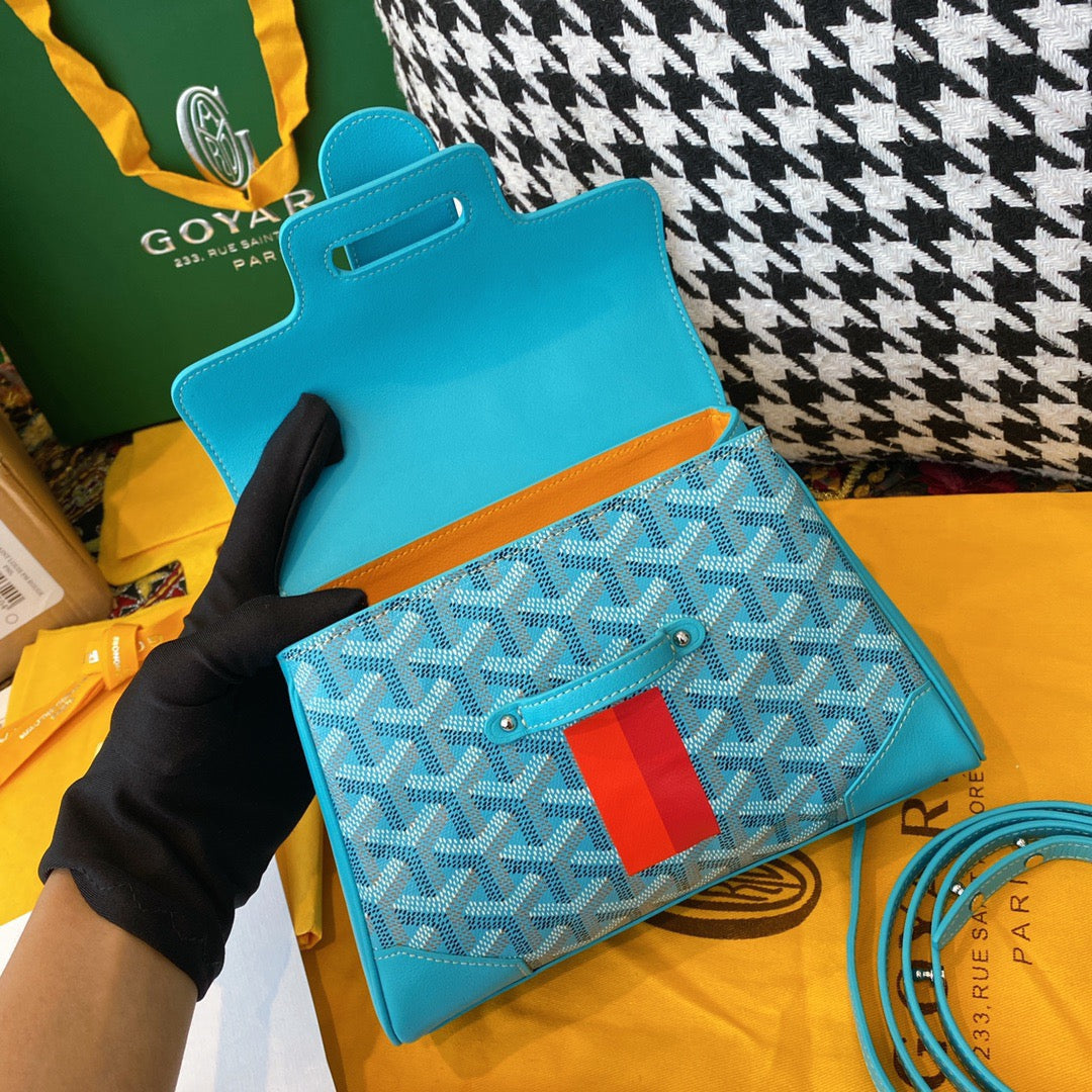 Gogy Luxury Blue Chevron Pattern Top Handle Handbag with Wooden Grip