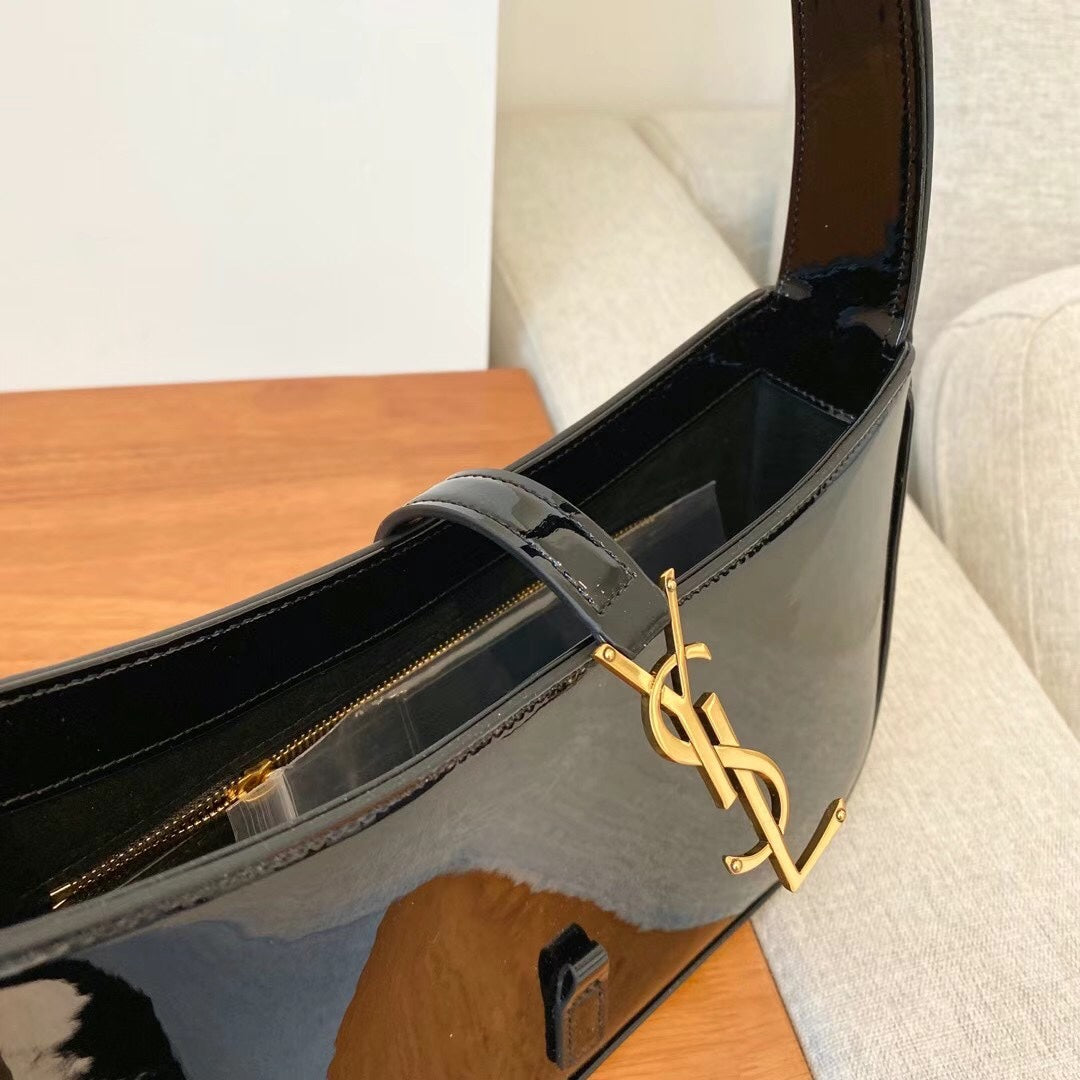 Saint Laurent Le 5 à 7 Black Patent Leather Shoulder Bag with Gold YSL Logo