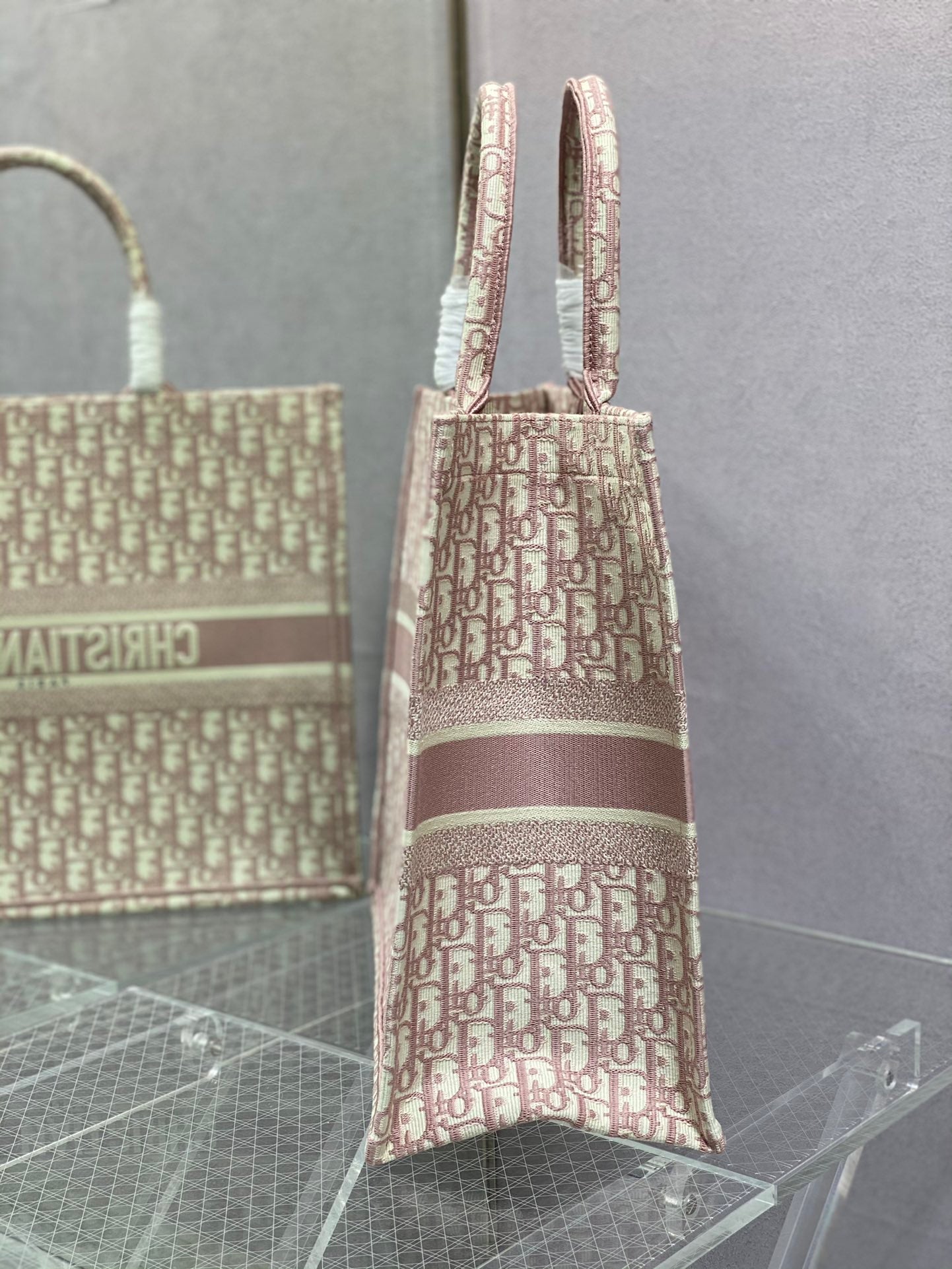 Dior Dusty Pink Monogram Embroidered Canvas Tote Bag for Women