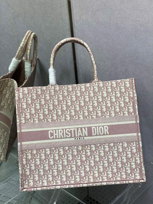 Dior Dusty Pink Monogram Canvas Tote Bag Structured Top Handle Handbag