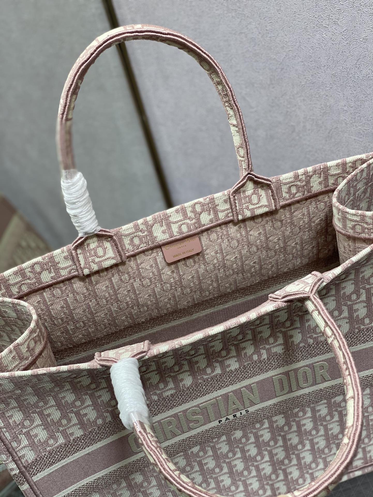 Dior Dusty Pink Monogram Canvas Tote Bag Structured Top Handle Handbag