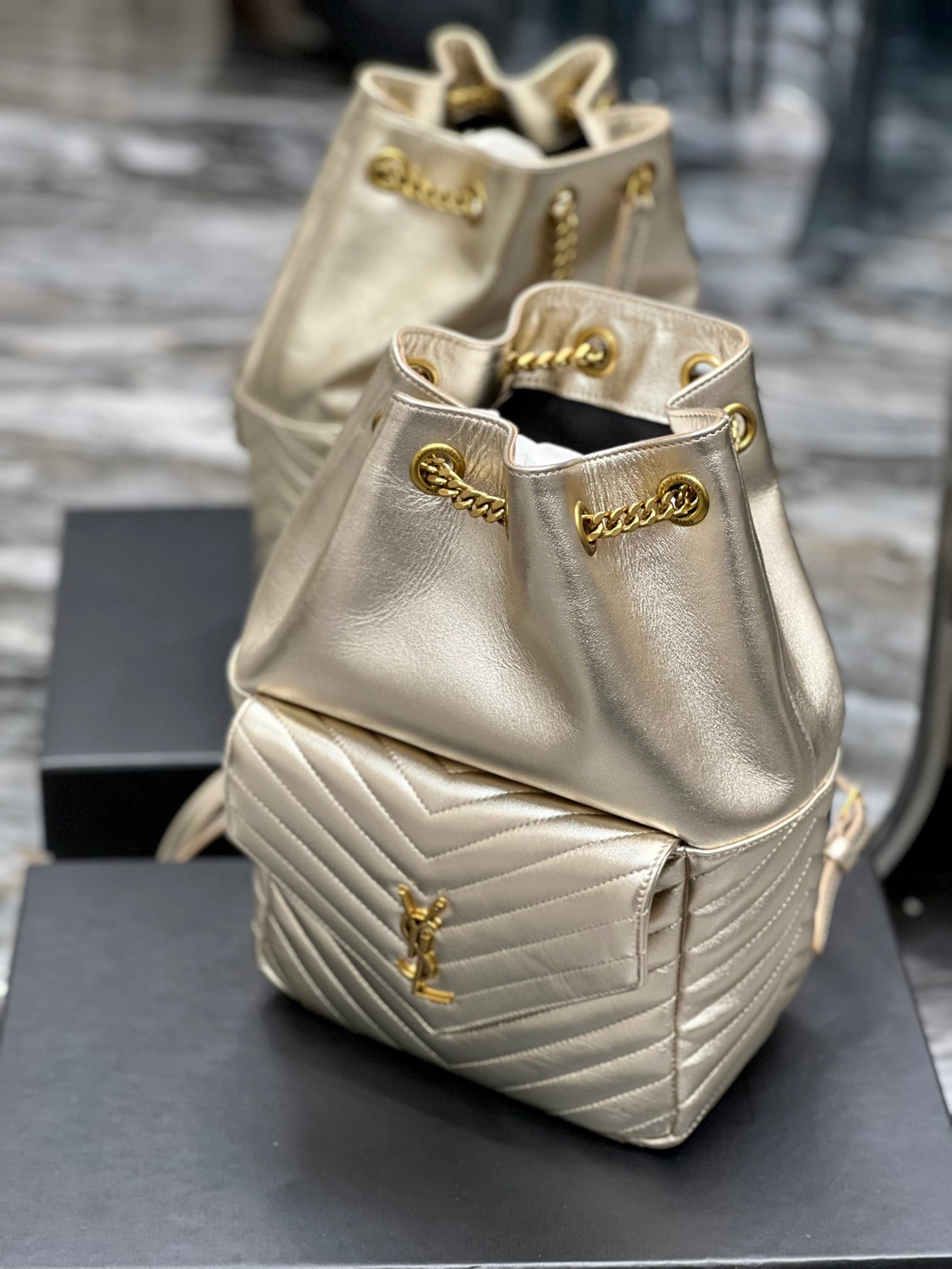 Gold Quilted Leather Bucket Bag - Elegant Metallic Shoulder Bag with Chain Strap