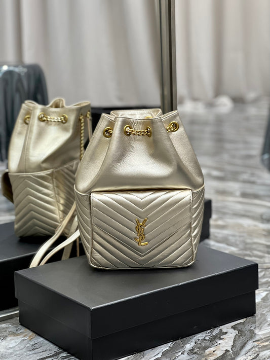 Gold Quilted Leather Bucket Bag - Elegant Metallic Shoulder Bag with Chain Strap