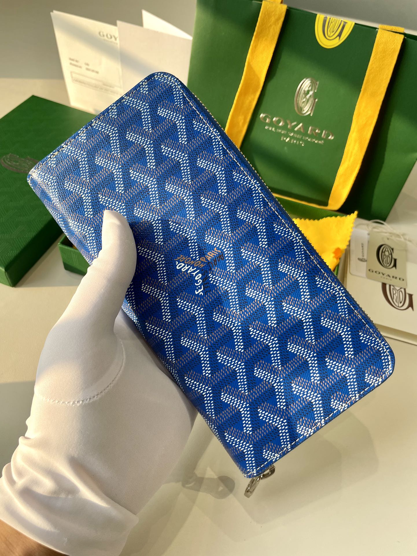 Gogy Classic Blue Chevron Monogram Zip-Around Canvas Long Wallet