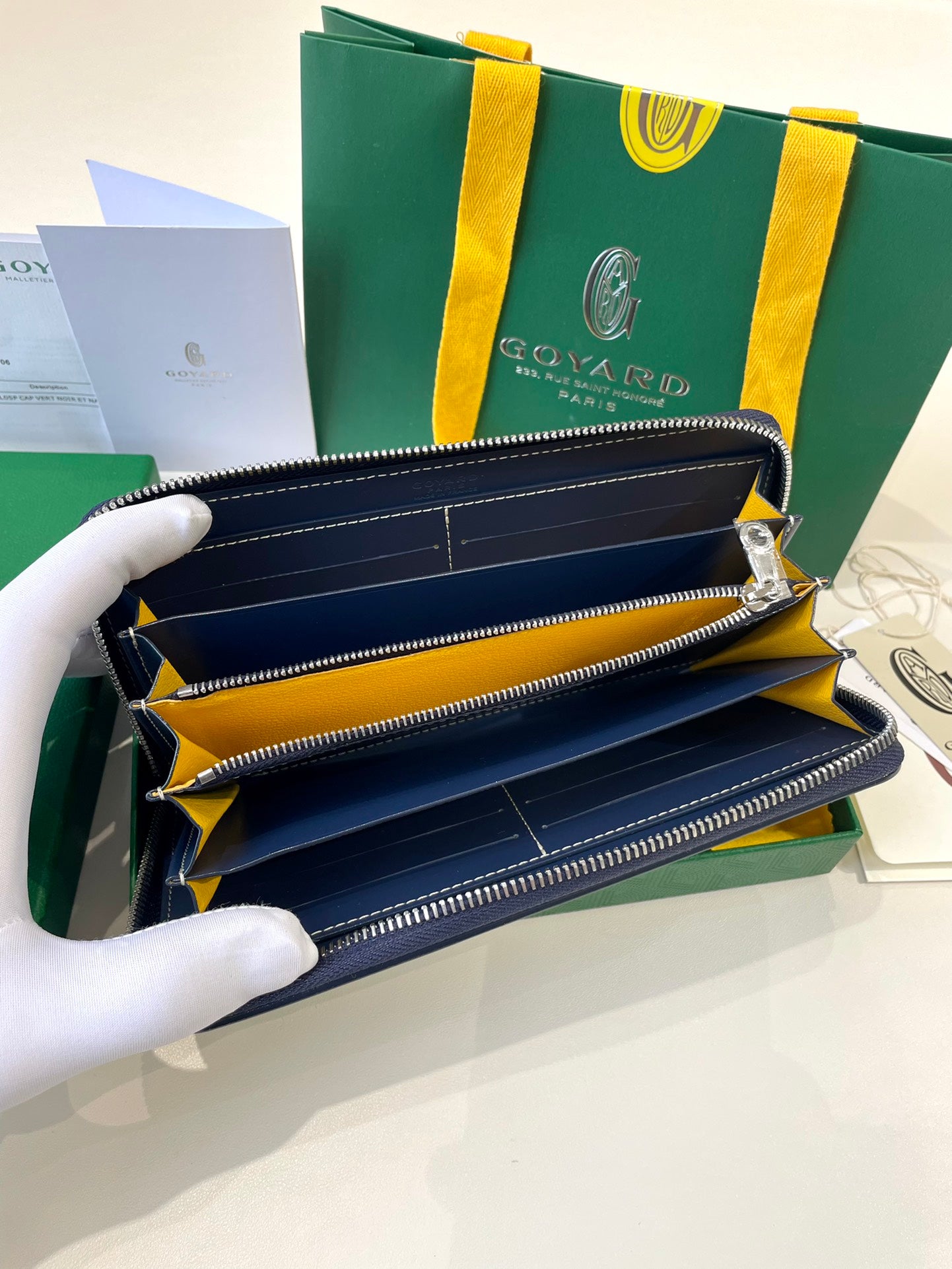 Gogy Luxury Navy Blue Geometric Chevron Pattern Leather Long Wallet