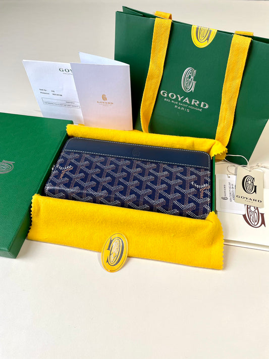 Gogy Luxury Navy Blue Geometric Chevron Pattern Leather Long Wallet